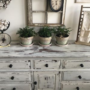 SOLD . Large Farmhouse 9 Drawer Dresser or Buffet made by Broyhill Chippy White Distressed Furniture image 2