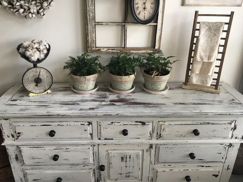 SOLD . Large Farmhouse 9 Drawer Dresser or Buffet made by Broyhill Chippy White Distressed Furniture image 2