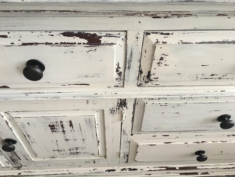 SOLD . Large Farmhouse 9 Drawer Dresser or Buffet made by Broyhill Chippy White Distressed Furniture image 3