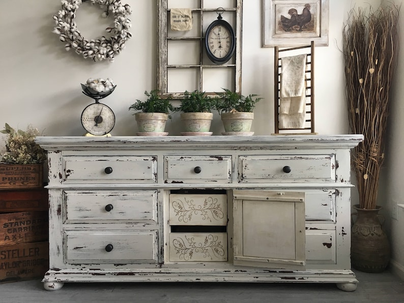 SOLD . Large Farmhouse 9 Drawer Dresser or Buffet made by Broyhill Chippy White Distressed Furniture image 5