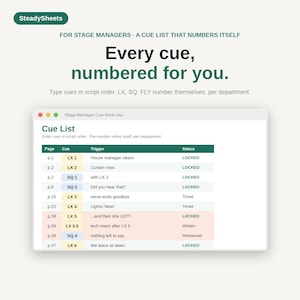 Puede incluir: Una hoja de cálculo digital titulada Stage-Manager-Cue-Book.xlsx que muestra una lista de señales para directores de escena. La tabla incluye columnas para página, señal, disparador y estado, con filas como LX 1, SQ 1 y etiquetas como LOCKED.