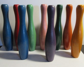 Vintage 10 Wooden Bowling Pins 6" Multicolor 1930's-1950's