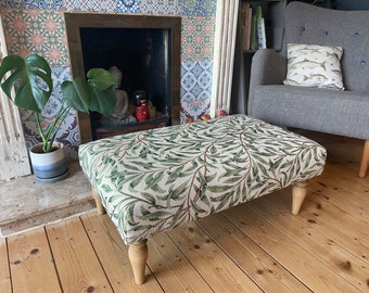 Upholstered coffee table footstool in William Morris tapestry fabrics choices