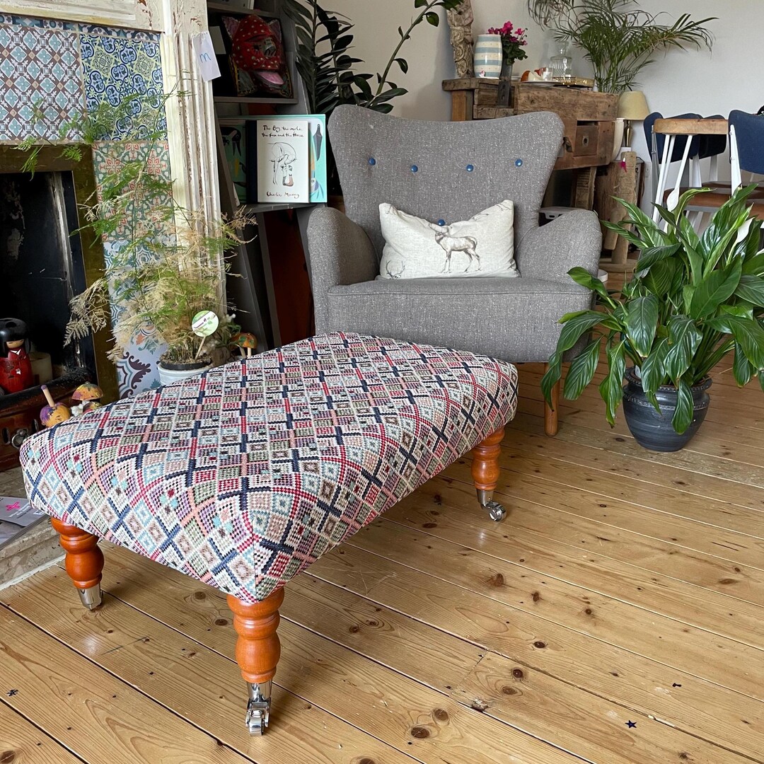 Geometric Footstool Castor Wheels, Large Ottoman, Patterned Fabric ...