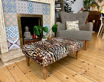 Upholstered footstool coffee table, Animal printed velvet fabric, Tiger, Leopard, Jaguar