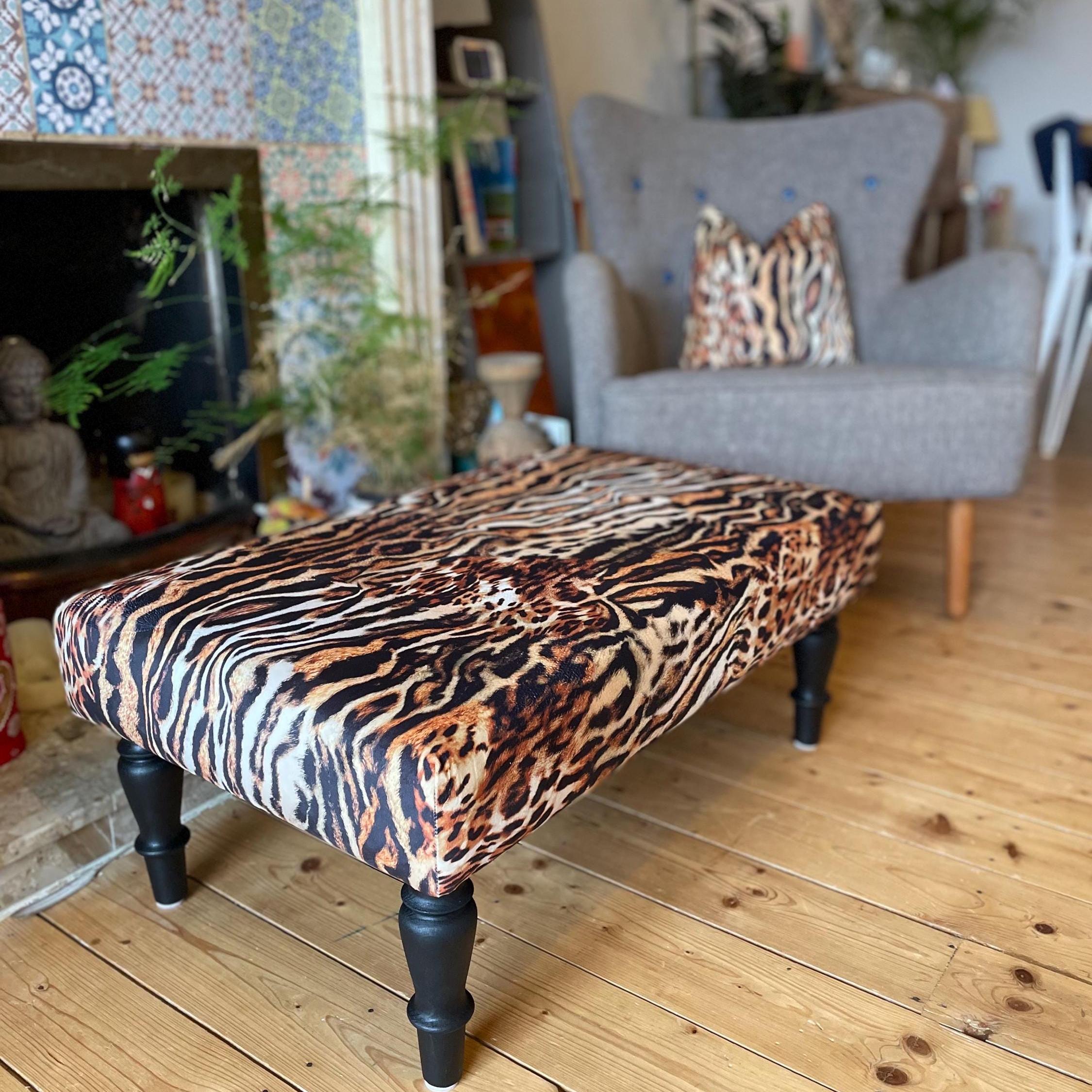 Upholstered Footstool Coffee Table, Animal Printed Velvet Fabric