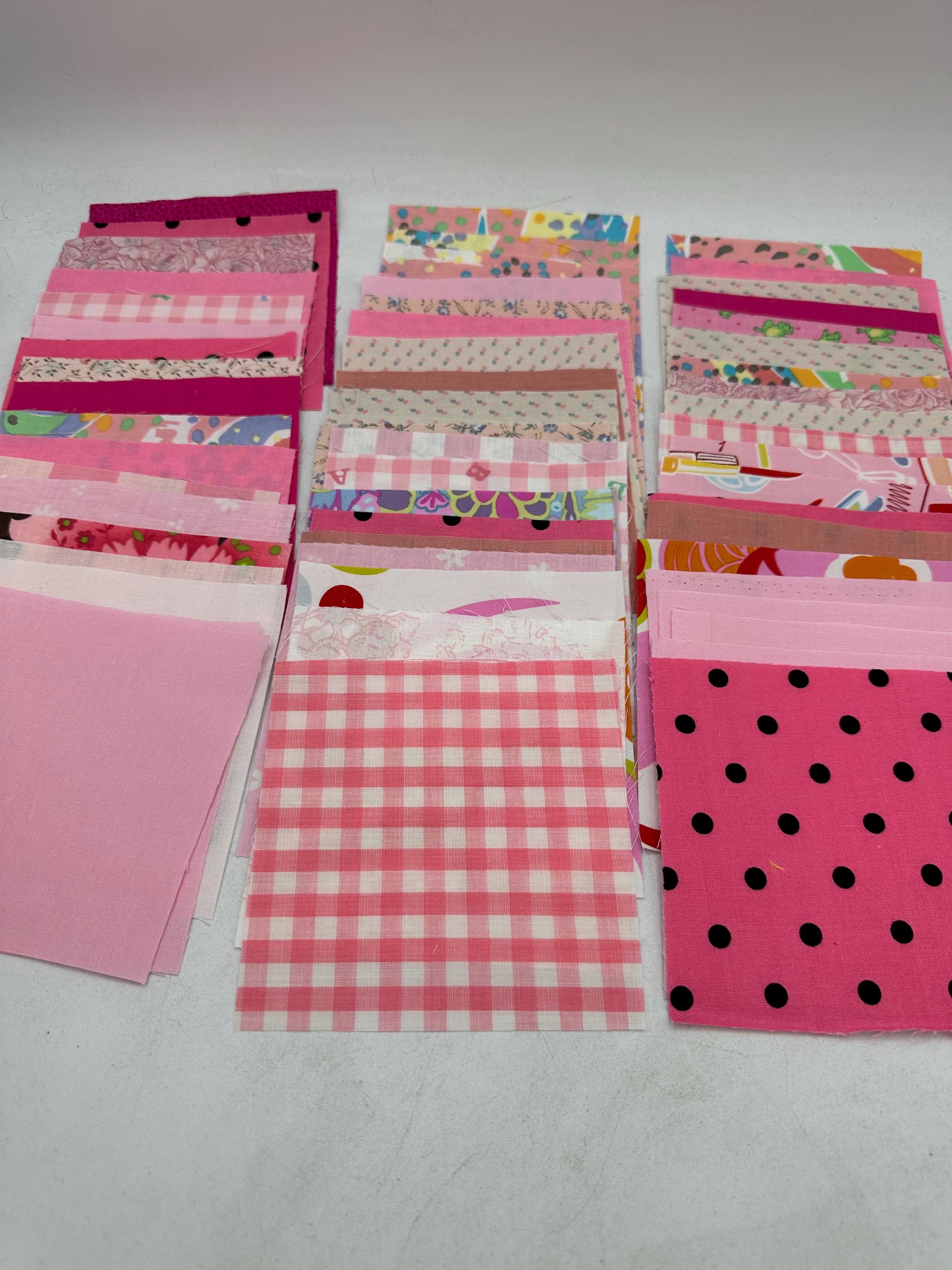 Charm pack 50  square pink cotton quilting fabric, various patterns, solids, prints 4 1/2”