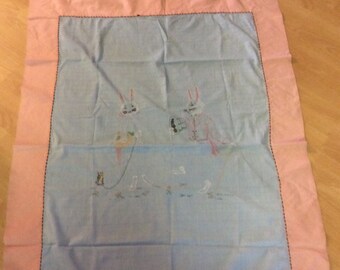 Vintage Baby Bed Crib Coverlet Pillow 1930-40 era Bunny Rabbit Embroidery Pink Blue