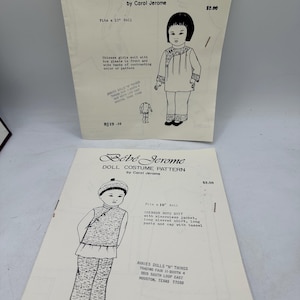 May include: Two black and white illustrations of doll clothing patterns. The first pattern is for a Chinese girl's suit with box pleats and contrasting bands. The second pattern is for a Chinese boy's suit with a sleeveless jacket, long-sleeved shirt, long pants, and a cap with a tassel. Both patterns are for 10-inch dolls. The text on the patterns includes the title "Bébé Jerome Doll Costume Pattern" and the designer's name "Carol Jerome".