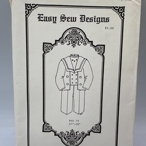 May include: A black and white illustration of a doll outfit pattern for a 27-28 inch doll. The pattern is for a sailor suit with a jacket, vest, and pants. The pattern is from Easy Sew Designs and is for Brown House Dolls.