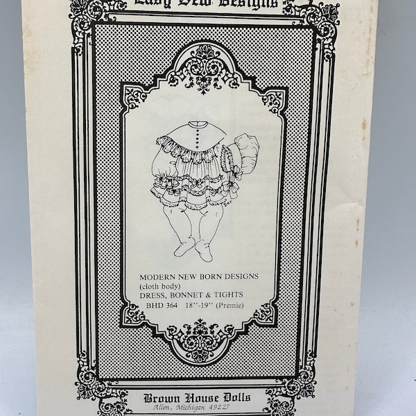 Brown House Doll Sewing Pattern New Born Dress Bonnet Tights BHD 362 uncut