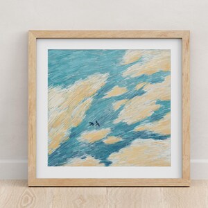 Stampa di uccelli del cielo azzurro - 8x8 Minimal Wall Art / Illustrazione di un cielo nuvoloso sereno / Stampa artistica quadrata per camera da letto, ufficio, ingresso