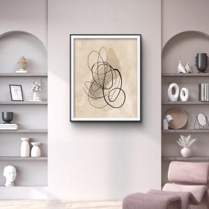 Arte lineal abstracto, arte mural minimalista, arte imprimible neutro, descarga digital moderna, dibujo lineal negro, decoración de pared contemporánea.