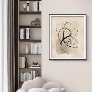 Arte lineal abstracto, arte mural minimalista, arte imprimible neutro, descarga digital moderna, dibujo lineal negro, decoración de pared contemporánea.