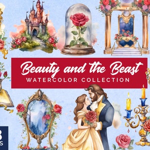 Beauty and the Beast Watercolor Clip Art Collection - High-Quality PNGs for Scrapbooking and Invitations