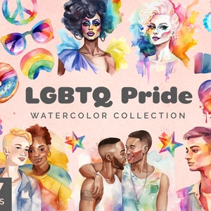 Diverse Rainbow Pride Watercolor Clip Art Collection with LGBTQ+ Symbols and Ethnic Diversity