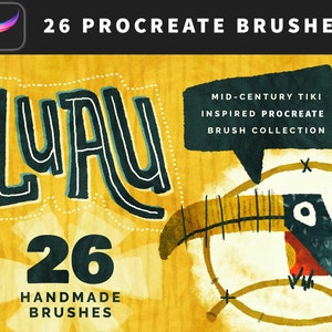 Puede incluir: Un conjunto de 26 pinceles Procreate hechos a mano inspirados en el diseño tiki de mediados de siglo. Los pinceles son perfectos para crear ilustraciones y diseños con un toque vintage y tropical. La imagen presenta un tucán con un pico amarillo y un globo de diálogo que dice "Colección de pinceles Procreate inspirados en el tiki de mediados de siglo".