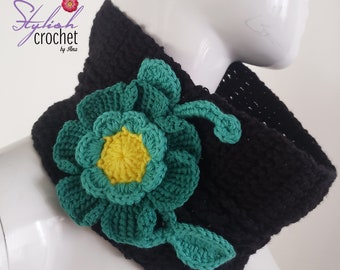 Crochet Scarf or Neck Warmer for Women Enhanced with a Green Flower, Perfect for this Winter Time