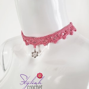 Pink Crochet Choker Necklace with a Flower Pendant. Handmade Crochet jewelry,  Unique Soft Girl Crochet Gift Item. Ready to ship.