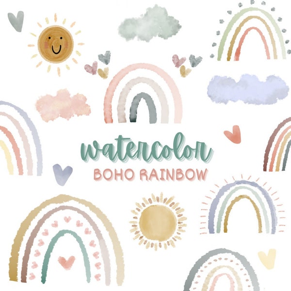 Watercolor Boho Rainbow Clipart, Nursery , Baby Shower Clipart, Rainbow Wall Art, Clouds, PNG clipart, Instant Download