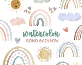 Watercolor Boho Rainbow Clipart, Nursery , Baby Shower Clipart, Rainbow Wall Art, Clouds, PNG clipart, Instant Download