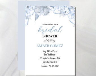 Blue Floral Bridal Shower Invitation Template, Dusty Blue Flower Wedding Invite, Garden Wedding, Digital Download, Instant Download