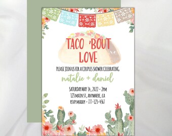 Può includere: Un'illustrazione ad acquerello di un taco con il testo "Taco 'Bout Love" sopra. L'invito è per una festa di nozze per Natalie e Daniel. La data, l'ora e il luogo sono elencati di seguito. L'invito è decorato con fiori e cactus.