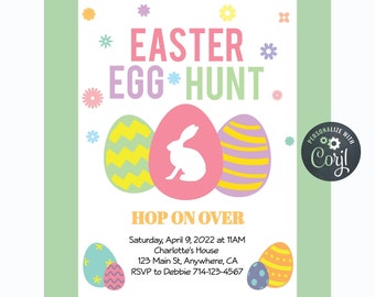 Editable Easter Egg Hunt Invitation, Easter Invitation Template, Hop On Over, Digital Download, Pastel Easter Invitation