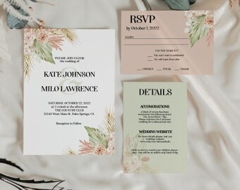 May include: A flat lay of wedding stationery, including an invitation, RSVP card, and details card. The cards feature floral and botanical designs in neutral tones. The invitation includes the names Kate Johnson and Milo Lawrence.