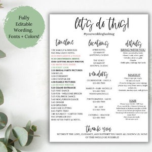 Wedding Day of Timeline Template, Wedding Party Timeline, Wedding Day Schedule, Bridal Party Timeline,  Wedding Party Itinerary, Details