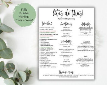 Wedding Day of Timeline Template, Wedding Party Timeline, Wedding Day Schedule, Bridal Party Timeline,  Wedding Party Itinerary, Details