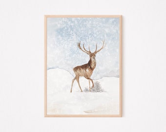 Winter Deer Print, Holiday Wall Art, Christmas Printable, Farmhouse, Watercolor Christmas , Winter Wonderland, DIGITAL DOWNLOAD