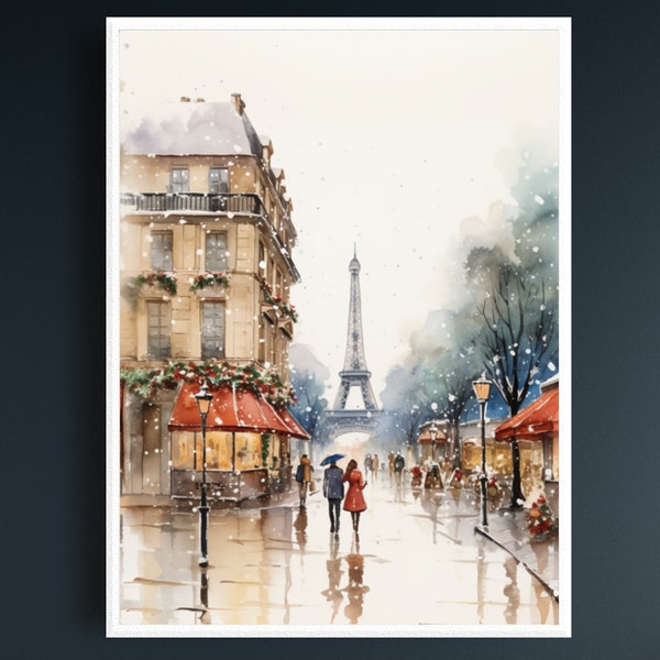 Paris Winter Romance, Eiffel Tower Wall Art, Watercolor Winter Print, Parisian Wall Art, Digital Download Wall Art, Cozy Winter Wall Art
