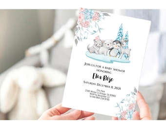 Convite para chá de bebê de animais do Ártico para impressão, convite floral azul de inverno, decoração para chá de bebê de animais do Ártico, convite de urso polar e pinguim