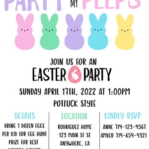 May include: A pastel pink, green, purple, blue, and yellow Easter party invitation with the text "Party with my peeps" and a bunny silhouette. The invitation includes details for an Easter party on Sunday, April 17th, 2022 at 1:00 PM. The party is potluck style and includes a location and RSVP information.