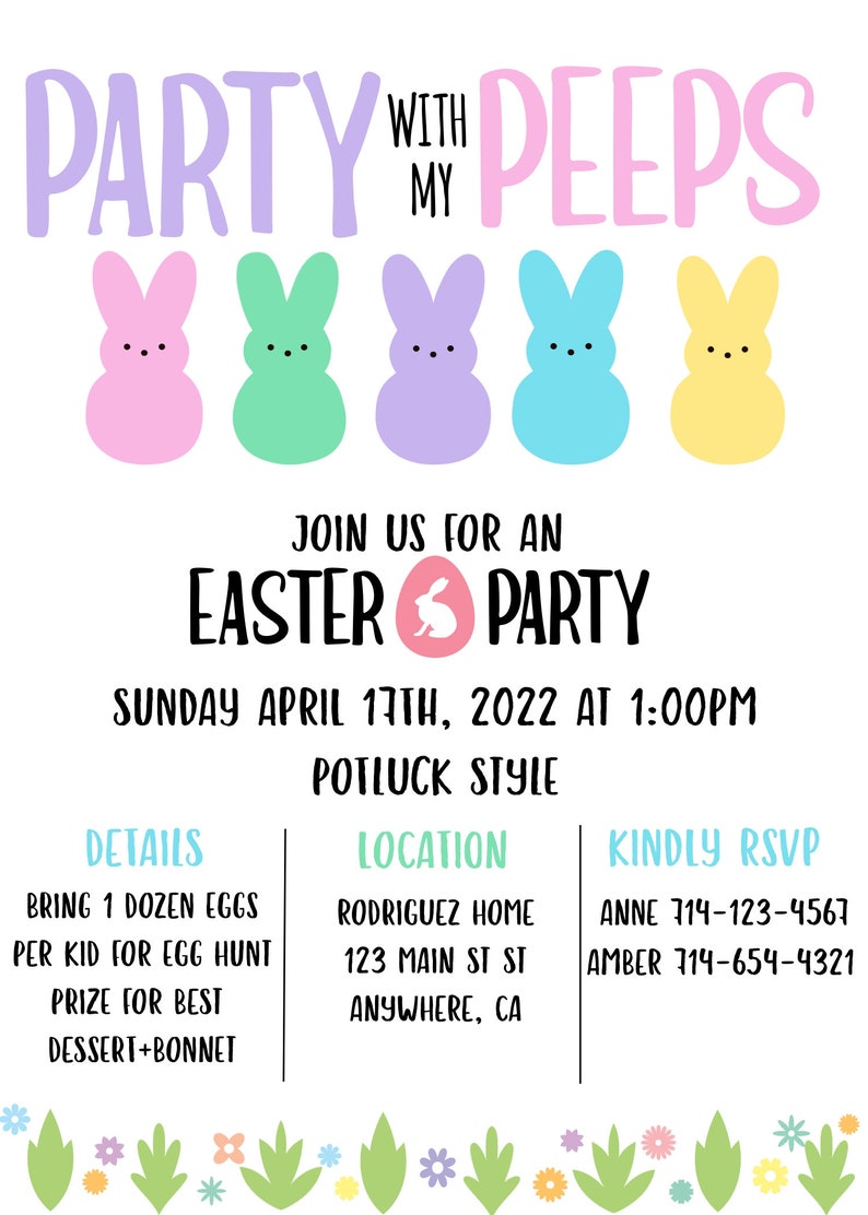 May include: A pastel pink, green, purple, blue, and yellow Easter party invitation with the text "Party with my peeps" and a bunny silhouette. The invitation includes details for an Easter party on Sunday, April 17th, 2022 at 1:00 PM. The party is potluck style and includes a location and RSVP information.