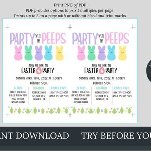 May include: A printable Easter party invitation with a pink, yellow, blue, and green color scheme. The invitation features a line of four pastel-colored Peeps candies and the text "Party with my Peeps". The invitation also includes the text "Join us for an Easter Party" and details about the party, including the date, time, location, and RSVP information.