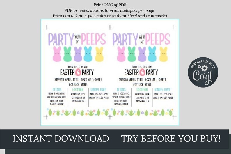 May include: A printable Easter party invitation with a pink, yellow, blue, and green color scheme. The invitation features a line of four pastel-colored Peeps candies and the text "Party with my Peeps". The invitation also includes the text "Join us for an Easter Party" and details about the party, including the date, time, location, and RSVP information.