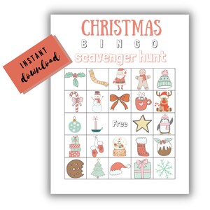 Printable Christmas Bingo Scavenger Hunt, Christmas Games, Instant Download. Kids Christmas Game