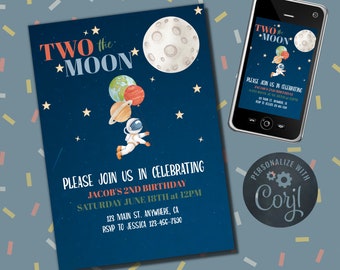 Editable Two the Moon Space Birthday Invitation Blue Space 2nd Birthday Rocket Ship Planets Galaxy Printable Instant Download