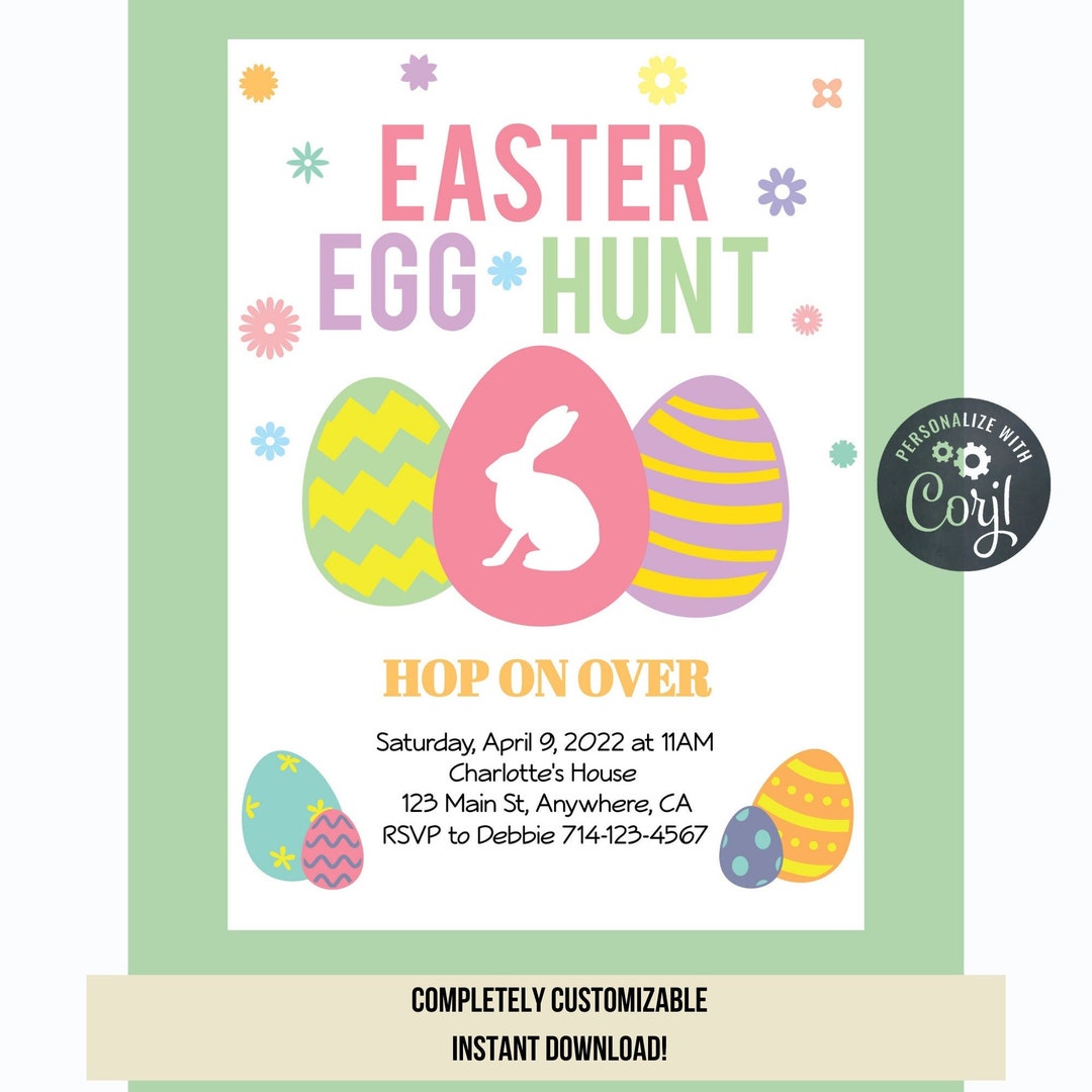 Editable Easter Egg Hunt Invitation, Easter Invitation Template, Hop on ...