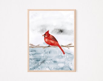 Holiday Cardinal Wall Art, Watercolor Holiday Print, Holiday Poster, Christmas Sign, Cardinal Printable, Digital Download,