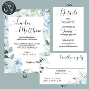 Customizable Dusty Blue Floral Wedding Invitation Set, Printable Wedding Invite, Instant Download,