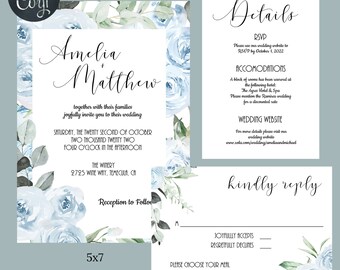 Conjunto de invitación de boda floral azul polvoriento personalizable, invitación de boda imprimible, descarga instantánea,