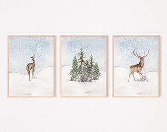 Winter Woodland Deer and Fawn Wall Art, Set of 3, Christmas Decor, Nursery Decor, Woodland Art, Woodland Animal Art, Digital Download