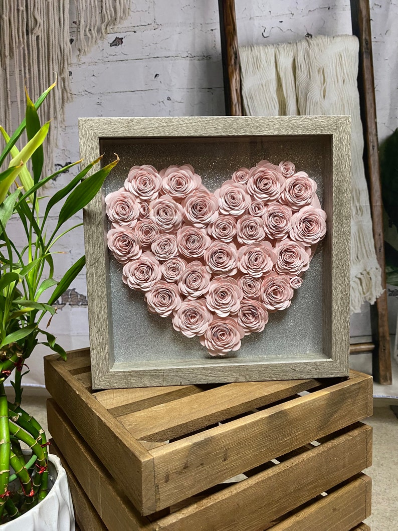 Heart paper flower shadow box Rose shadow box flower shadow | Etsy