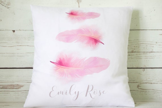 Personalised pink feather girl 16/" white cushion cover Shabby Chic Nursery