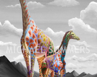 A Mother's Love - giraffe illustration - fine art print - surrealism print - decor - modern wall art - art - painting - by Michael Summers