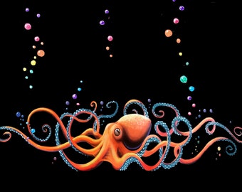 20,000 Leagues- octopus illustration - pop art print - pop surrealism - fine art print - décor - aquatic art - painting by Michael Summers