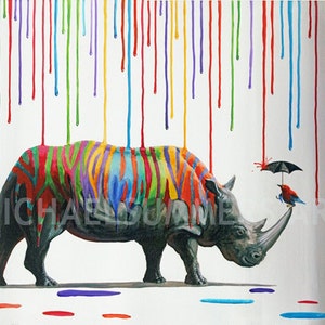 My Little Friend - rhino illustration - pop art print - surrealism print - fine art print - modern wall art - painting by Michael Summers